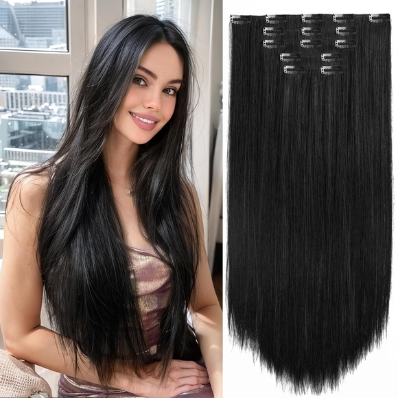 Natural Black Hair Extension Clips 26 Inch Long Invisible Straight Thick - Picture 1 of 3